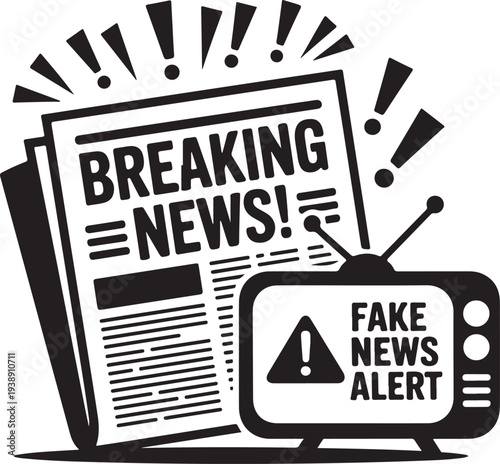 Breaking news newspaper and fake news alert television screen symbol
