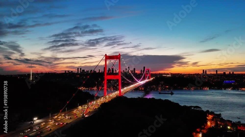 4K drone video of a breathtaking city view, the Bosphorus, and the Fatih Sultan Mehmet Bridge in Istanbul, Turkiye.