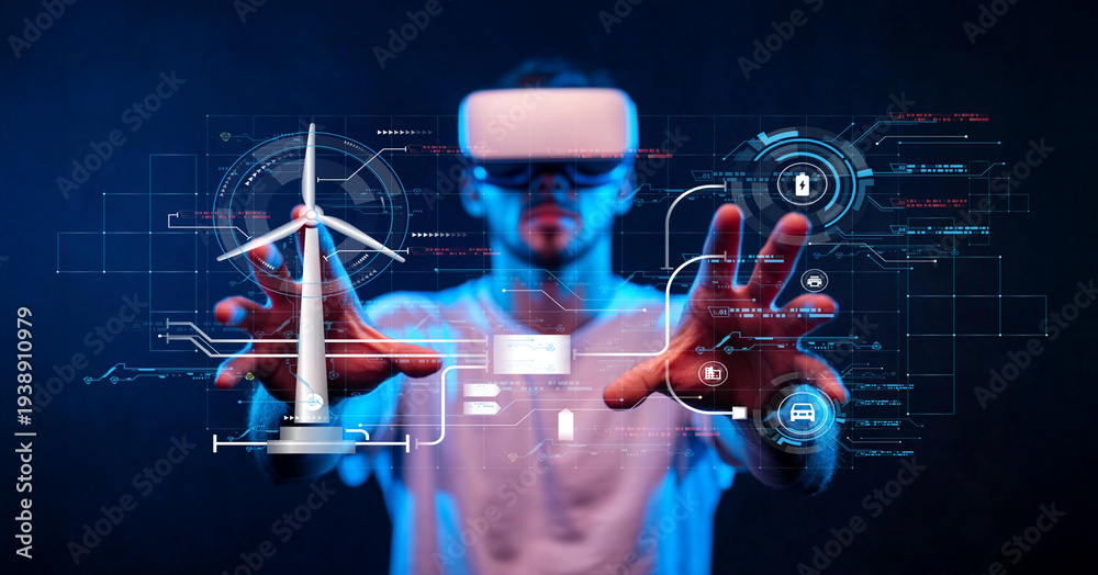 Fototapeta premium Young man exploring virtual reality technology with holographic wind turbine and digital interfaces representing sustainable energy solutions