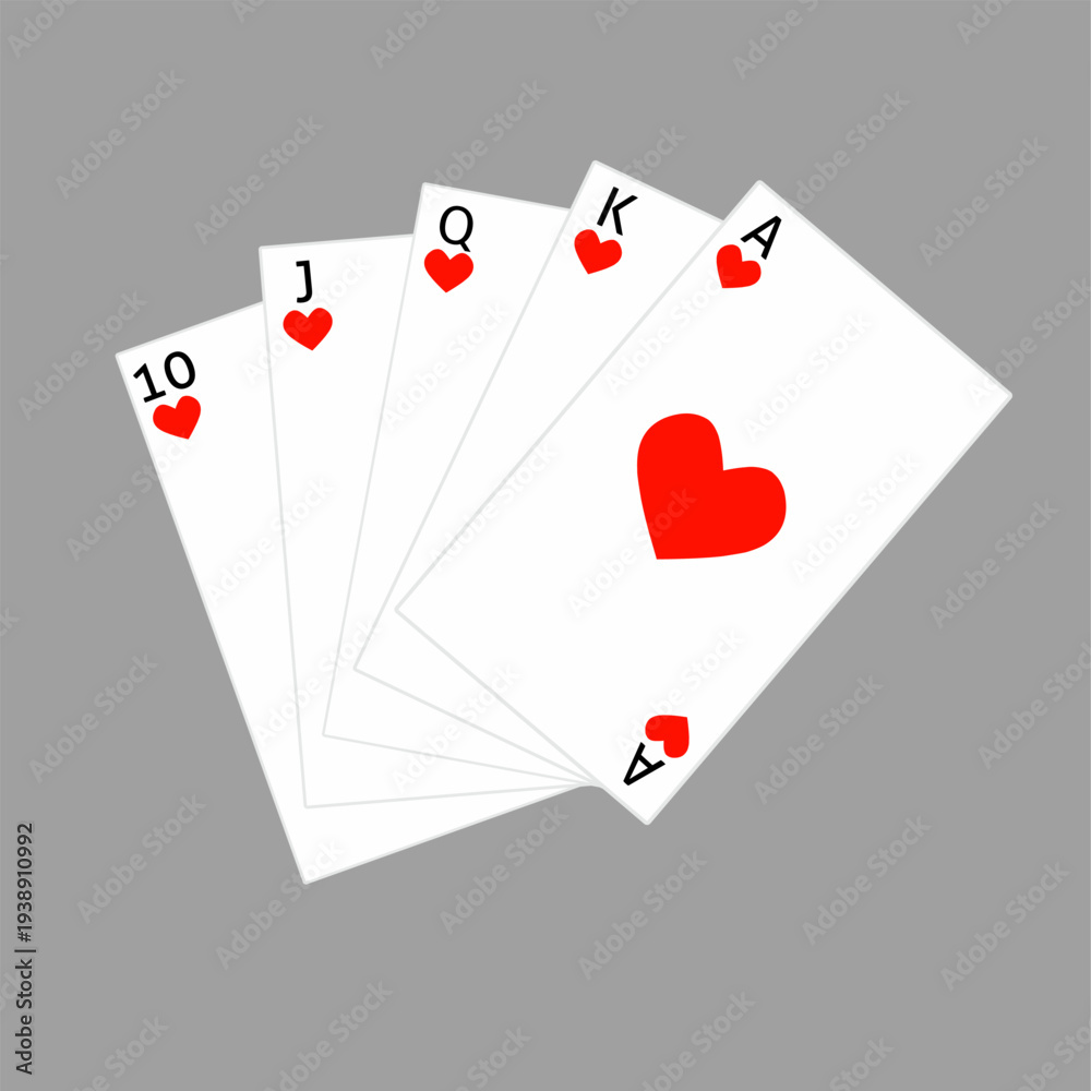 Obraz premium Vector illustration of a hand of playing cards featuring heart suits arranged in fan composition. Perfect for poker games, casino promotions, gambling concepts, card game illustrations, and entertain
