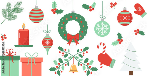Christmas Holiday Decoration Elements Vector Illustration Featuring Wreath, Gift Boxes, Ornaments, Candle, Holly, Candy Cane and Winter Festive Symbols