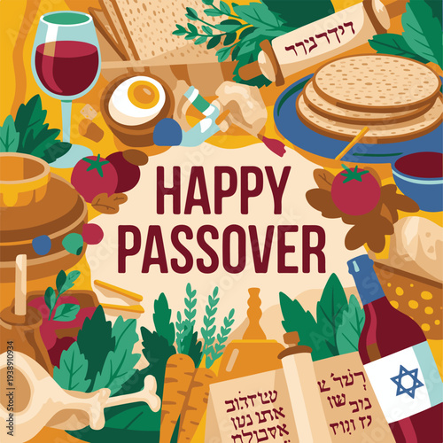 Happy passover food and symbols including matzah wine and hebrew