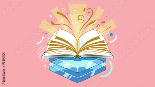 Open book with glowing pages and abstract elements.
