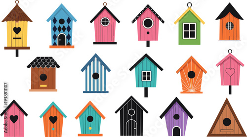 Colorful Birdhouse Collection Vector Illustration Featuring Decorative Wooden Bird Houses in Different Shapes for Garden, Spring Nature and Outdoor Design