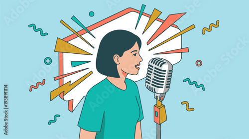 Woman speaking into a vintage microphone with speech bubble.