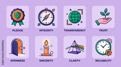 Set of eight icons representing core values and ethical principles.