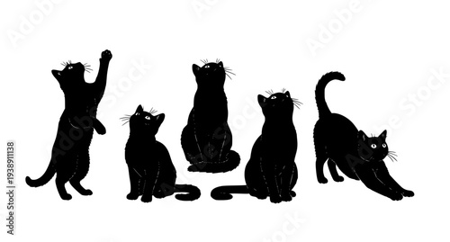 Black cat silhouettes looking up in curious poses hand drawn feline vector illustration set isolated on white