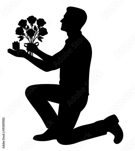 Marriage Proposal Silhouette, Man Kneeling with Ring and Rose Bouquet, Romantic Engagement, Valentine Love and Wedding