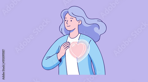 Woman experiencing chest pain or heartache, holding her hand over her heart.