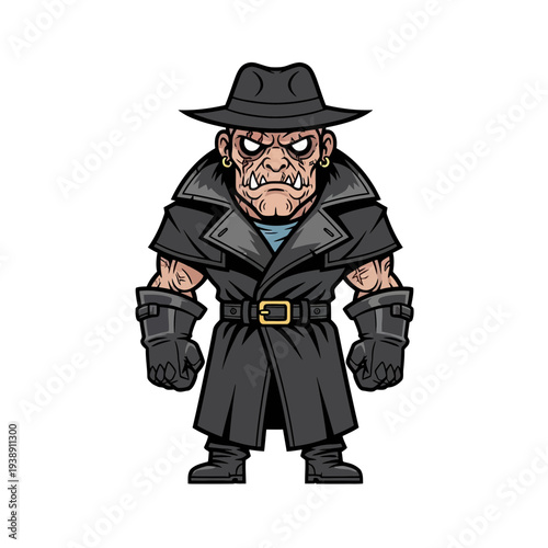 Tough cartoon villain in black outfit and hat looks aggressive
