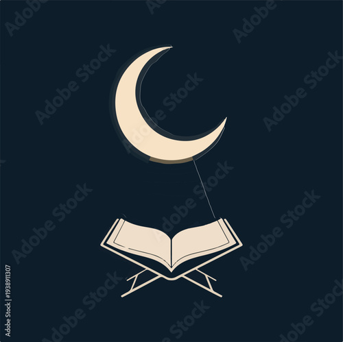 Islamic holy book and crescent moon symbol on dark night background