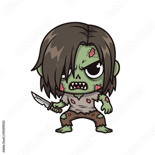 Cute zombie character with knife standing aggressively