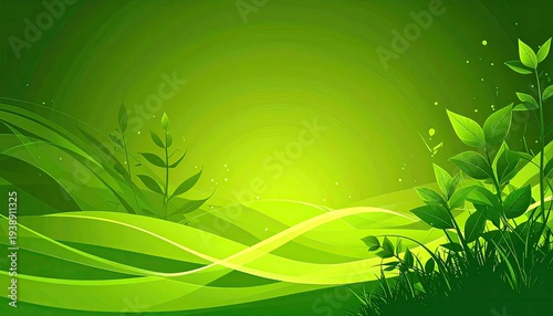 Abstract grassy landscape with stylized plant life in shades of vivid lime green