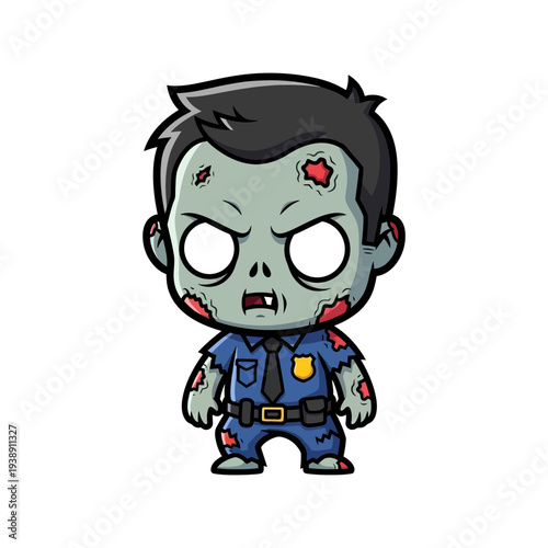 Cute zombie police officer with injuries standing alone