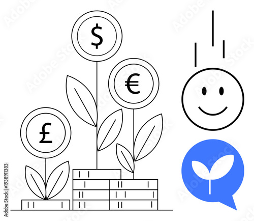 Financial growth. Currency symbols with plant-thumbs up designs and coins imply financial growth and prosperity. Financial growth illustrated for investment, savings, fintech, banking, sustainable