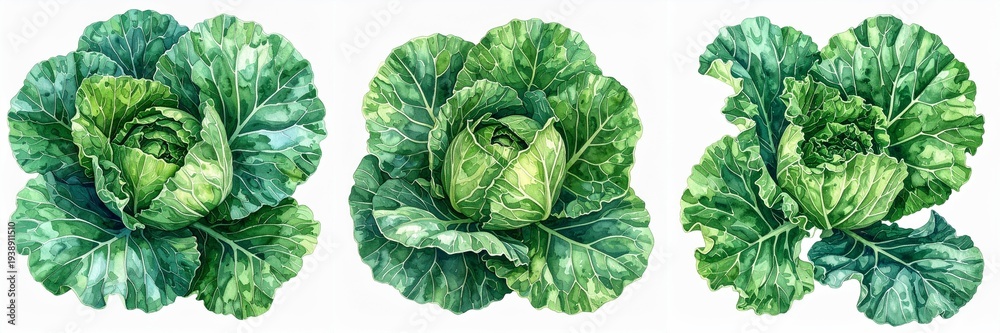 Fototapeta premium three resh green cabbage heads painted in vibrant watercolor style with detailed leafy textures arranged as botanical vegetable illustrations isolated on clean white background