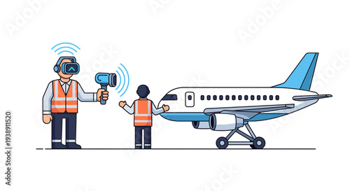 Airport ground crew using technology to inspect an airplane for safety.