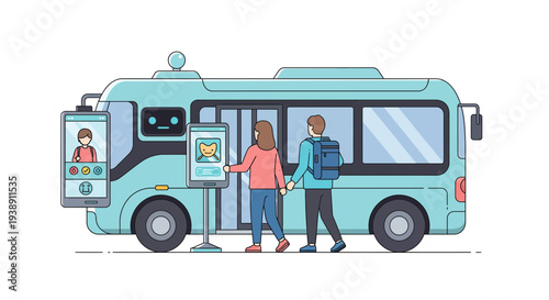 Autonomous bus with passengers using technology for transportation and travel.