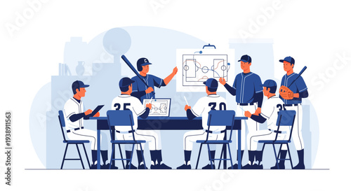 Baseball team meeting strategy session with coaches and players.