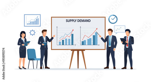 Business professionals presenting supply and demand charts during a meeting.