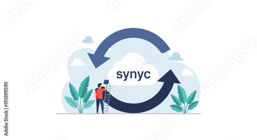 Cloud synchronization concept with arrows and people data transfer illustration.