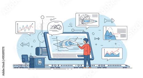 Engineer working on a computer screen with technical diagrams and graphs.