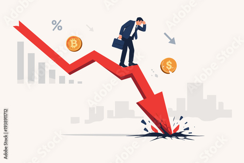 Economic Recession and Stock Market Plunge Concept with Businessman Standing on Falling Red Arrow, Cryptocurrency Crash, Financial Crisis, Inflation, and Investment Loss in Global Economy