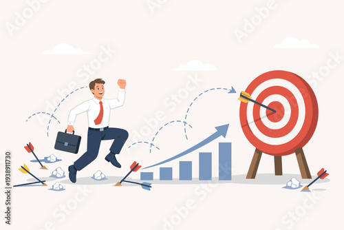 Successful businessman jumping in celebration after hitting the target bullseye, illustrating business growth, achievement, goal setting, efficiency, and overcoming obstacles to reach success.