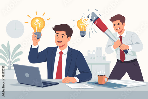 Toxic Workplace Environment with a Jealous Colleague or Boss Destroying Creative Ideas. Angry Coworker Smashing a Lightbulb with a Bat while a Happy Businessman Holds a New Bright Innovation.
