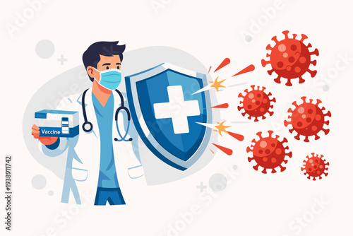 Doctor in Face Mask Holding Vaccine and Shield Protecting Against Coronavirus Outbreak. Healthcare Professional Fighting COVID-19 Virus Attack. Medical Defense and Vaccination Concept Graphic Art.