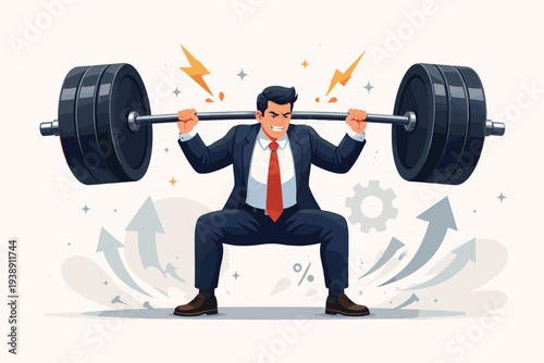 Strong businessman in a suit lifting a heavy barbell in a squat, symbolizing leadership, professional strength, financial growth, and the intense effort required to succeed in business.