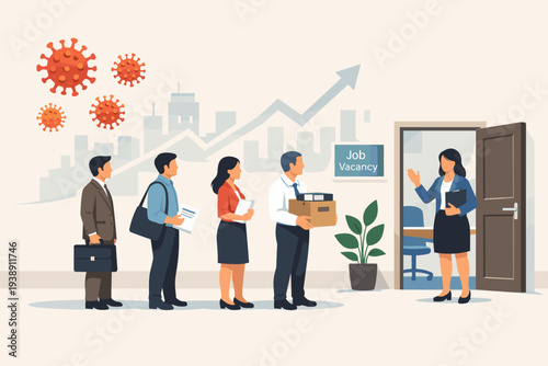 Job Vacancy Concept with Unemployed People Queuing for Interviews After COVID-19 Pandemic Economic Crisis, Recruiter Welcoming Candidates to Office, Business Recovery and Hiring Vector Illustration