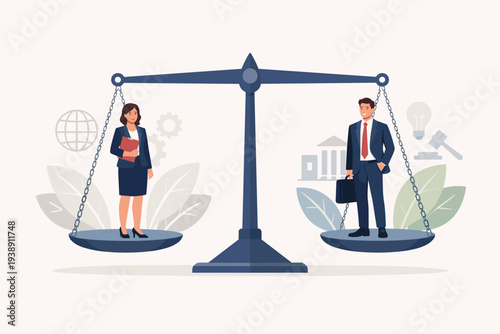 Gender Equality and Workplace Fairness Concept with a Man and Woman Standing on a Balance Scale Representing Equal Rights, Diversity, Justice, and Corporate Inclusion in Professional Environment.