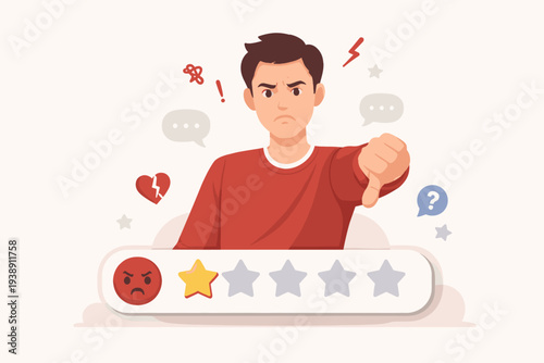Angry Man Giving Negative Feedback and One Star Rating with Thumbs Down Gesture, Customer Dissatisfaction Concept for Bad Review, Poor Quality Service, and Terrible User Experience Vector Art