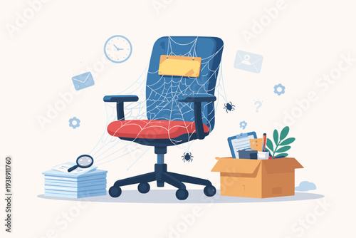 Labor shortage and recruitment crisis concept with an empty office chair covered in spiderwebs, a box of personal belongings, and a magnifying glass searching for candidates. Job vacancy vector.