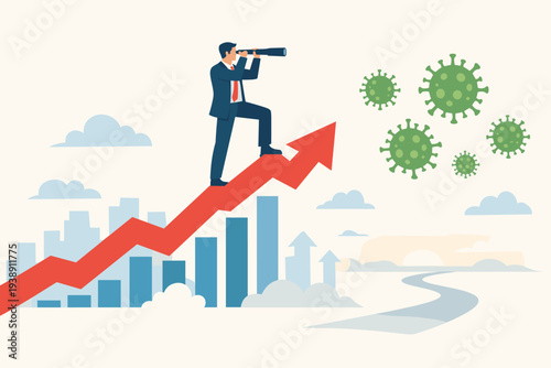 Businessman standing on a rising red growth arrow looking through a telescope towards a bright future after the COVID-19 pandemic crisis, economic recovery and business vision vector concept.