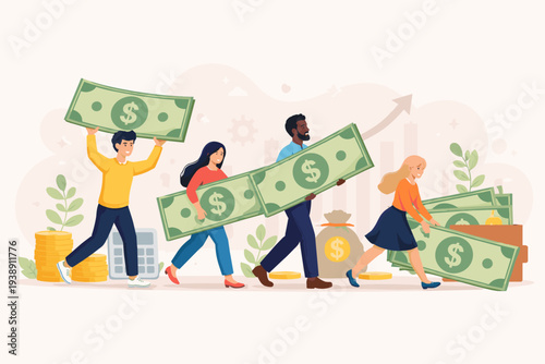 Diverse group of people carrying huge dollar banknotes, metaphor for capital, salary, income, and wages. Business team earning profit, financial growth, investment, and wealth concept vector.