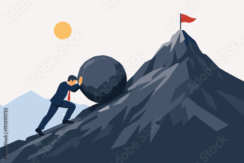 Businessman pushing a heavy stone boulder up a steep mountain peak towards a red flag, representing perseverance, grit, determination, resilience, and the hard work required to achieve success.