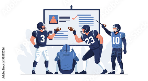 Football players strategizing and planning plays with a whiteboard during a game.