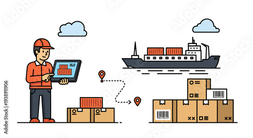 Logistics worker managing cargo shipment with laptop near shipping containers and cargo ship.