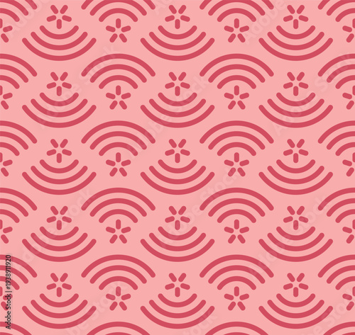 Japanese Flower Line Fan Vector Seamless Pattern