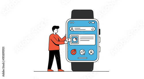 Man interacting with smartwatch interface displaying app features and functions.
