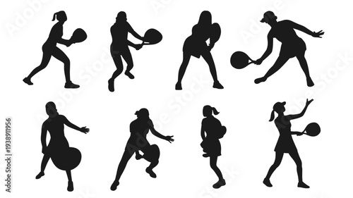 Set of female padel or paddle tennis player silhouettes in different action poses. Ideal for sports graphics, fitness design, padel club promotion, training materials, logos, posters, active lifestyle