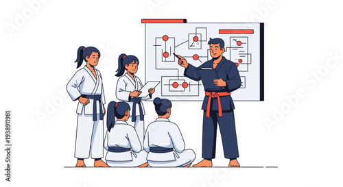 Martial Arts Instructor Explaining Techniques to Students in Training Session.
