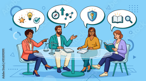 Diverse Business Professionals Collaborating at a Table with Idea Bubbles.