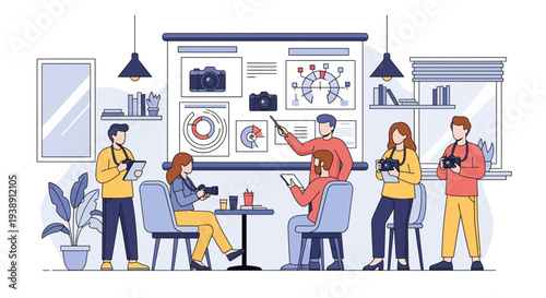 Photography workshop group of people learning and discussing photography.