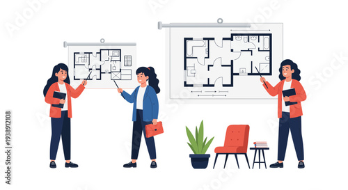Real estate agents presenting architectural floor plans for potential clients.