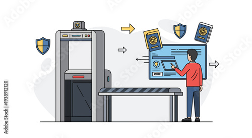 Security checkpoint illustration showing a person and a scanner with digital display.