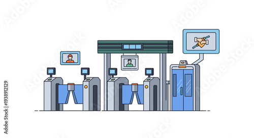 Security checkpoint with turnstiles and surveillance screens for passenger control.
