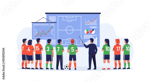 Soccer team strategy session with coach explaining game plan on whiteboard.